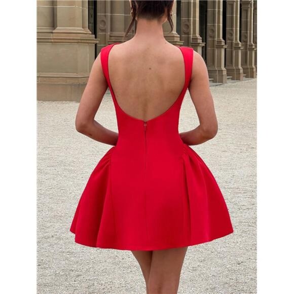 Elegant Backless Mini Dress - Sleeveless Party Dress With Zipper & Flared - Picture 5 of 9